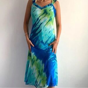 blue mesh summer print maxi dress